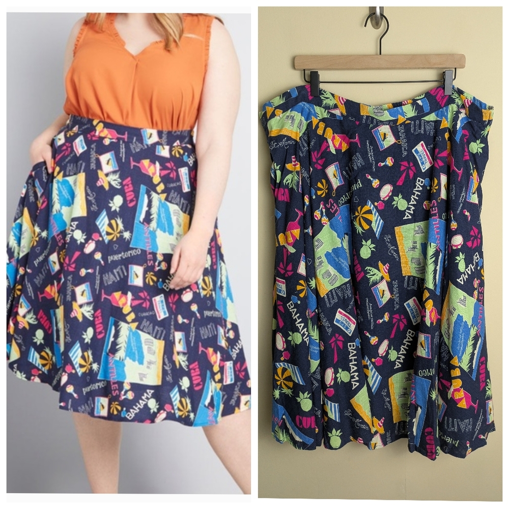 NWT Modcloth navy novelty travel print retro pleated twee midi skirt plus size